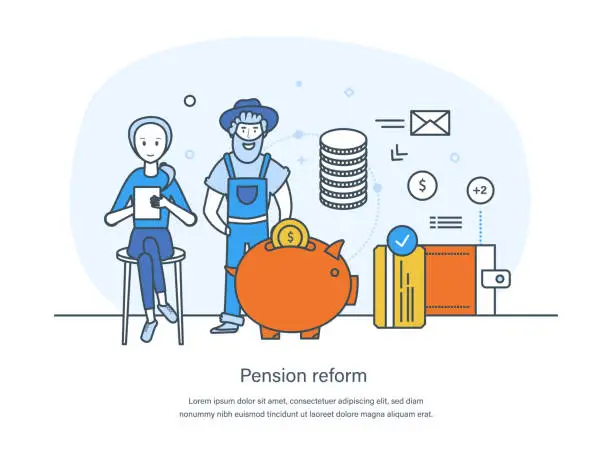 Vector illustration of Pension reform, fund program, retirement investment and planning of future savings