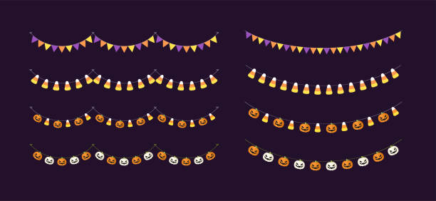 귀여운 할로윈 멧돼지 화환 세트에는 잭 오 랜턴, 호박, 사탕 옥수수가 있습니다. 간단한 트릭 또는 치료 배너 매달린 파티 장식 벡터 요소. - halloween pumpkin bunting backgrounds stock illustrations