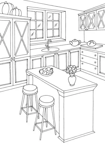 Vector illustration of Kitchen room graphic black white home interior sketch illustration vector