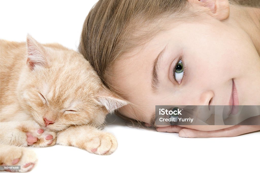 Das Mädchen mit einem roten Katzenjunges - Lizenzfrei Domestizierte Tiere Stock-Foto