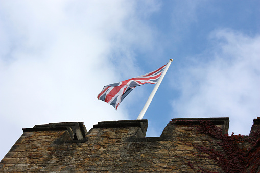 British flag flying over Hever Castle in Kent, childhood home of Anne Boleyn