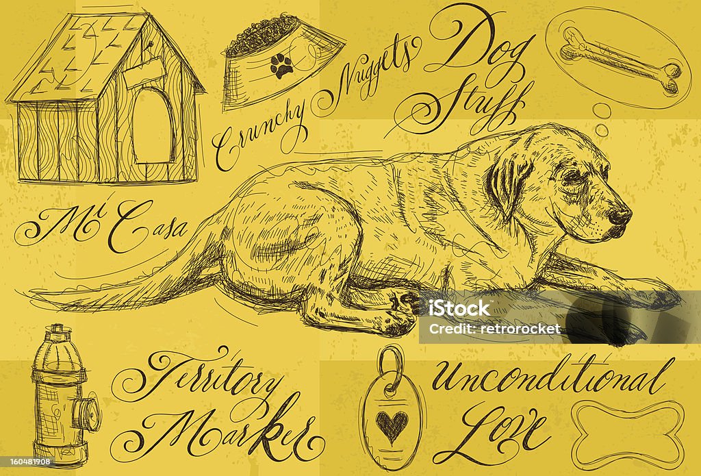 Dog stuff A dog thinking about his bone with other design element doodles and handwritten calligraphy. The artwork and background are on a separate labeled layers. Dog stock vector