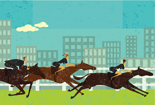 Business people in a horse race to achieve their goal. The business people and horses are on a separate labeled layer from the background.