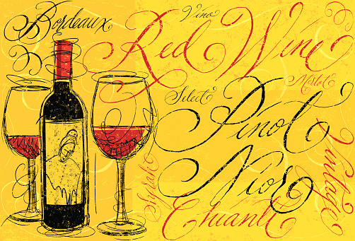 A sketchy, red wine bottle with two full wine glasses and names of different types of red wine in hand written calligraphy. The calligraphy, wine bottle with glasses, lightly colored swirl frames, and background are all on separate labeled layers.