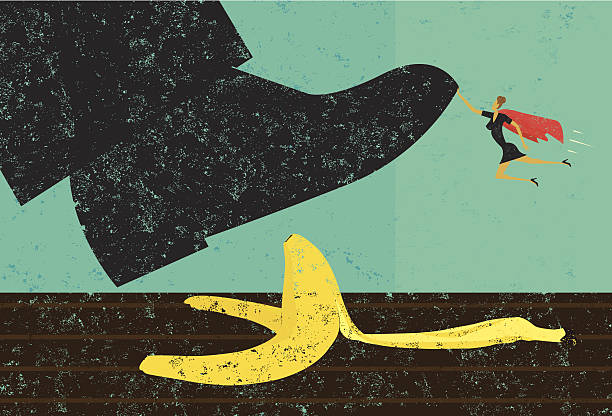Help avoiding mistakes A miniature, super businesswoman saves someone from slipping on a banana peel. The shoe, woman, and banana peel are on a separately labeled layer from the background. cool business woman stock illustrations