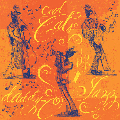 Doodle style, hand drawn jazz band with a trumpet player, bassist,and saxophonist along with music notes and calligraphy.