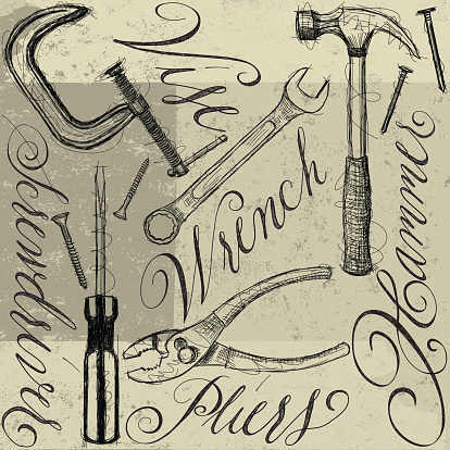 Sketchy, hand drawn construction tools with calligraphy. The items included are a vise, screwdriver, screws, hammer, nails, wrench, and pliers. The background is on a separate labeled layer.