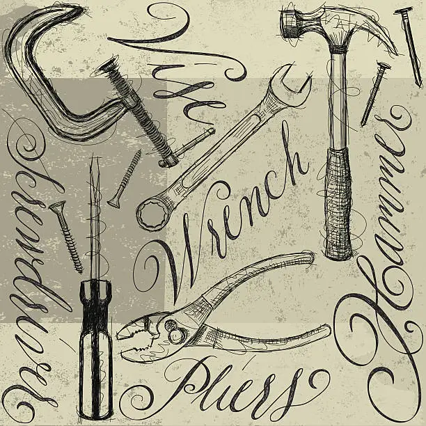 Vector illustration of Construction tools with calligraphy