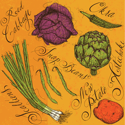 Mixed vegetables with calligraphy. The vegetables are scallions, okra, snap beans, artichoke, red cabbage, and a new potato. The background is on a separate labeled layer.