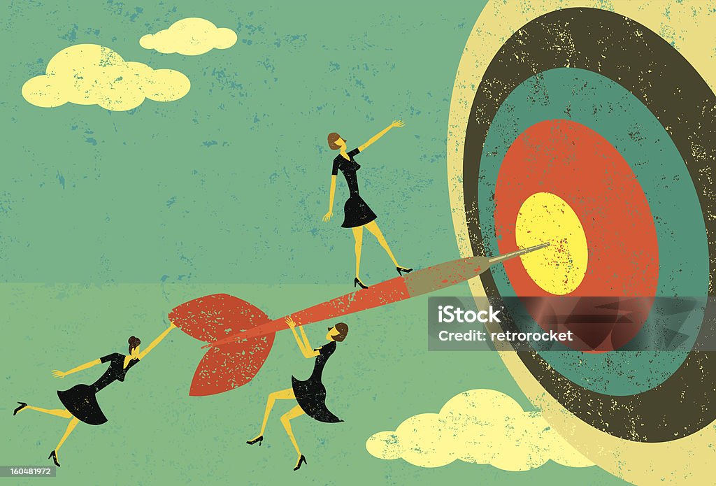 Hitting the bull's eye Businesswomen on a dart hitting the bull's eye. The women, dart & target are on a separate labeled layer from the background. Business stock vector