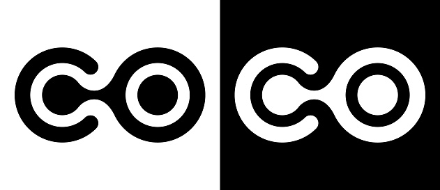 Abstract linked letter C and O like logo or icon. Black shape on a white background and the same white shape on the black side.