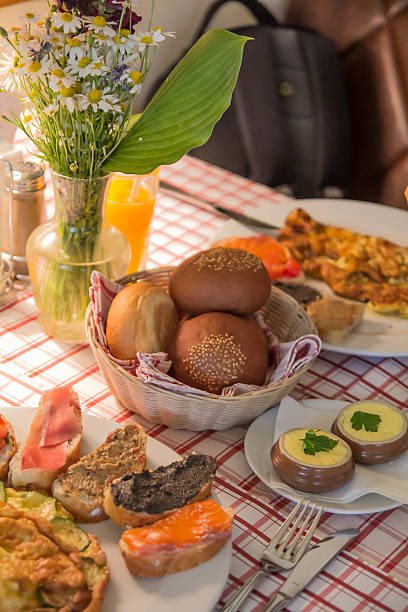 istock Breakfast with juice, omelette, sandwich, jamon and salmon 160484844