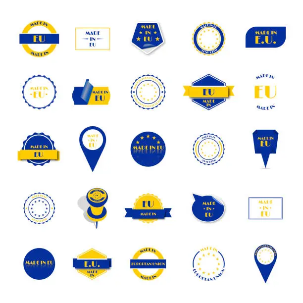 Vector illustration of Made in European Union label set, vector illustration.