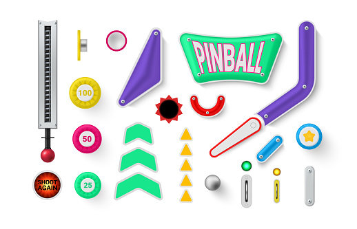 Pinball game elements different colorful buttons and tools for entertainment machine set realistic vector illustration. Arcade fun gaming activity details and plugs for playing decorative design