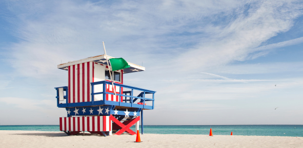Lifeguard station tower at the Umm Suqeim public beach in Dubai. United Arab Emirates, Middle East