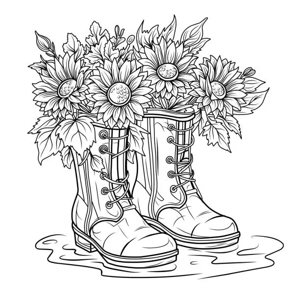 Vector illustration of coloring page.Sunflowers in boots.Autumn composition for coloring, black and white linear illustration