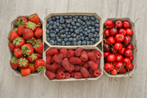 istock Fresh strawberries, cherries, blueberries and raspberries in ecological containers 1604859472