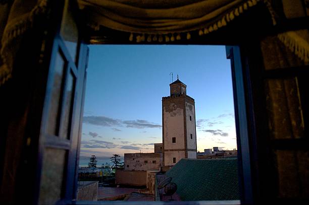 Essaouira skyline with defensive tower at dusk, Morocco stock photo