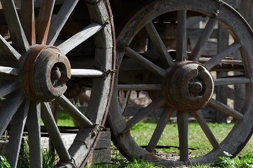 Wagon wheels on old horse drawn wagon