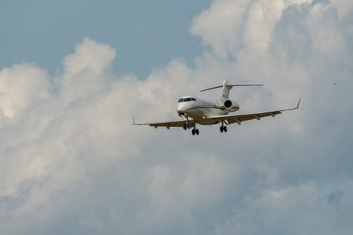 Zurich, Switzerland, July 13, 2023 HB-JGQ Bombardier Challenger 300 aircraft is landing on runway 14