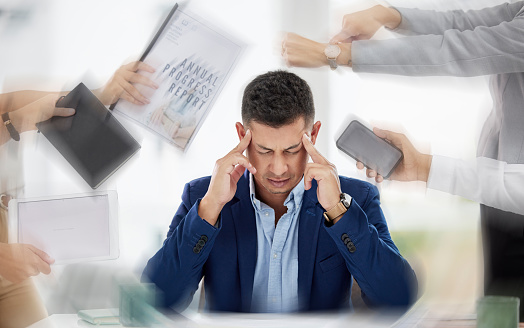 Hands with paperwork, headache or stressed businessman working with problem or bad mental health. Blurry migraine, anxiety or frustrated worker overworked, tired or exhausted with documents deadlines