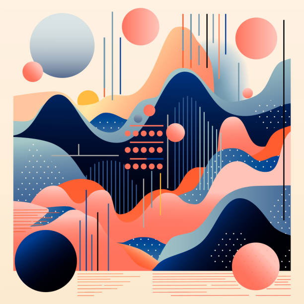 Colorful geometric shape background in trendy riso graph or risographic pattern with gradient spheres, lines and waves. Modern vector background for design, card, covers, package, wrapping paper. Colorful geometric shape background in trendy riso graph or risographic pattern with gradient spheres, lines and waves. Modern vector background for design, card, covers, package, wrapping paper riso print stock illustrations