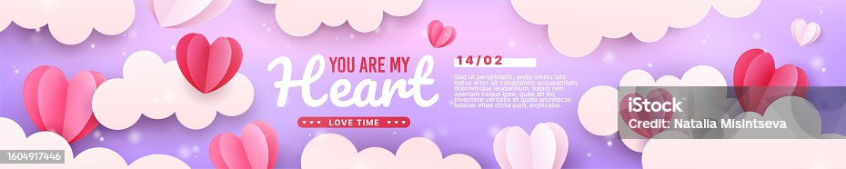 istock St valentine day, heart and clouds paper background. Horizontal web banner template, cute love cut border for girl or mother day, romantic promo sale. Vector illustration exact poster 1604917446