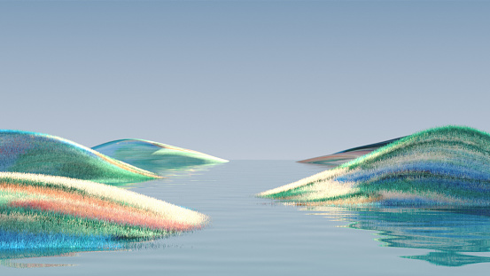 Calm flowing river  with riverbanks covered in multicolored grass, 3d render.