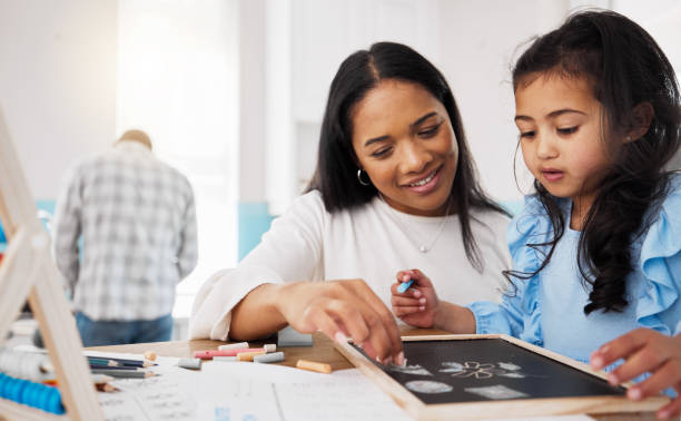 Education, homeschool and woman with child drawing in , teaching and learning maths and help with homework. Home school kid, mom and kindergarten girl coloring and writing with chalk for development.
