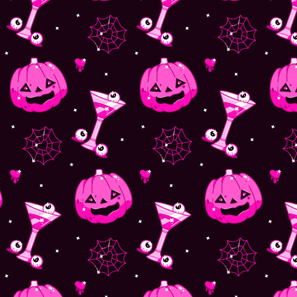 Seamless background for happy halloween holiday for fabric and wrapping. Pinkcore. barbiecore. Seamless background for happy halloween holiday for fabric and wrapping. 21st century style stock illustrations