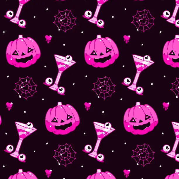 Vector illustration of Seamless background for happy halloween holiday for fabric and wrapping. Pinkcore. barbiecore.