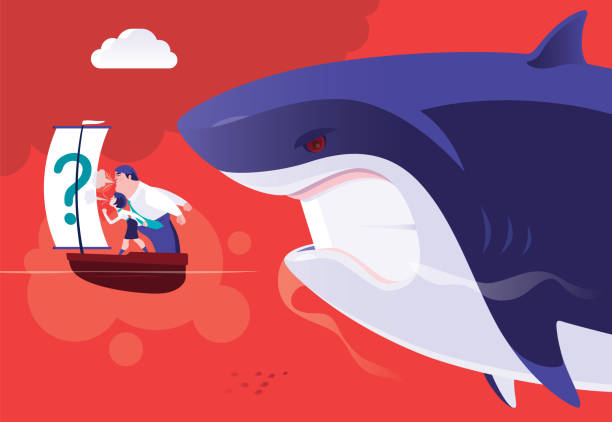 couple standing on boat and blowing question mark sail while big shark approaching vector illustration of couple standing on boat and blowing question mark sail while big shark approaching two men hunting stock illustrations