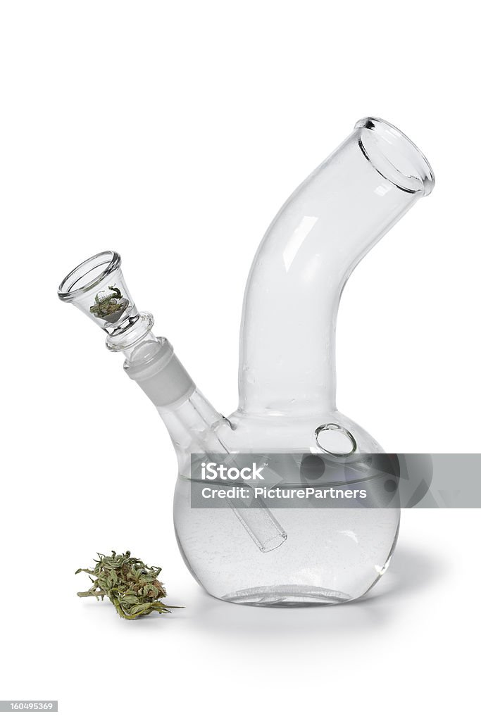 Water pipe with Marijuana bud Glass Water pipe with Marijuana bud on white background Bong Stock Photo