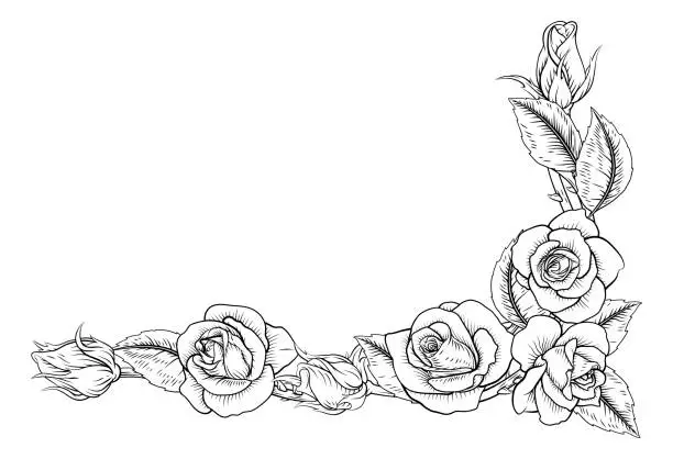 Vector illustration of Roses Woodcut Vintage Style Flower Corner Design