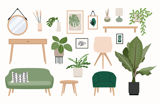 Living room scandinavian style furniture set of elements in flat style. Home jungle, potted plants, armchair, sofa, posters illustration. Vector illustration