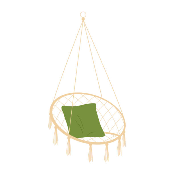 Hanging rattan swing chair Hanging rattan swing chair. Garden furniture, outdoor backyard hanging chair cartoon vector illustration wooden garden swing bench cartoon stock illustrations