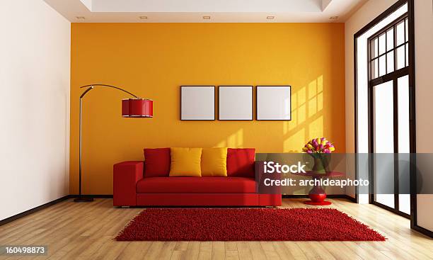 Red And Orange Living Room Stock Photo - Download Image Now - Indoors, Orange Color, Apartment