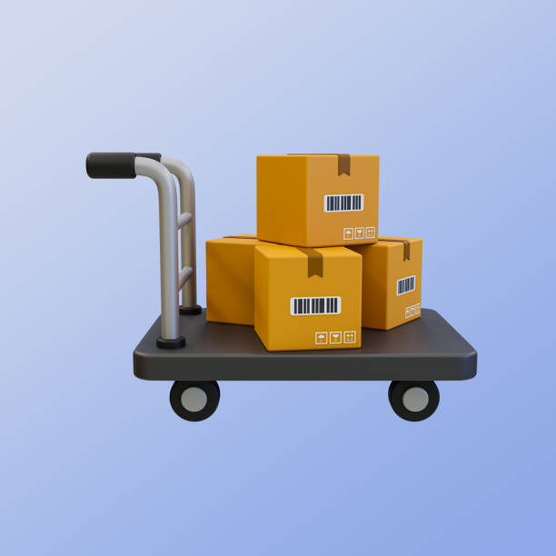 istock 3d minimal product delivery. parcels transportation. shopping concept. package dolly with cardboard boxes. 3d rendering illustration. 1604992435