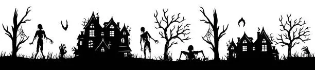 Vector illustration of Halloween seamless panorama with halloween silhouette of cemetery elements for holiday background