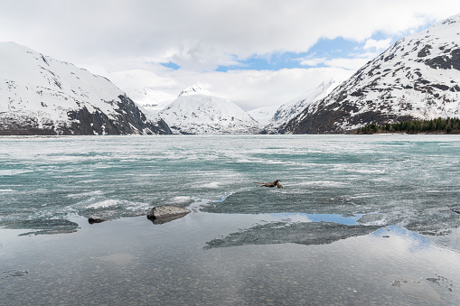 Ice sheets covering Portage Lake,  from the Begich Boggs Visitor Center with Bard Peak in the distance
