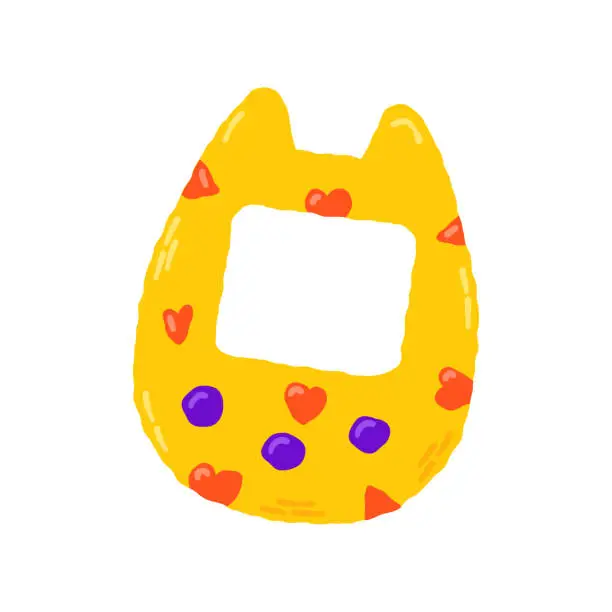 Vector illustration of Yellow tamagotchi with hearts 00s, 2000s. Hand drawn flat cartoon element. Vector illustration