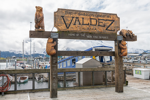 Valdez Marina Fishing Welcome wooden sign, Alaska, USA