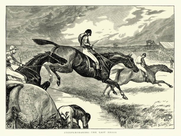 Horse racing, Steeplechasing, Jockeys and rider jumping the last brook, History of Victorian sports vector art illustration