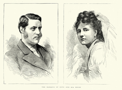 Vintage illustration of John Crichton-Stuart, 3rd Marquess of Bute and his bride, Gwendolen Fitzalan-Howard, 1870s, 19th Century
