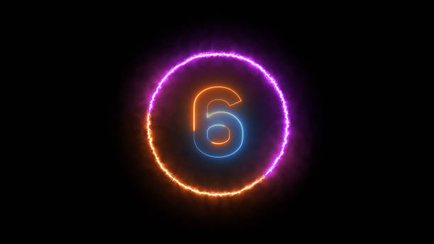 istock Number six glowing in the dark orange blue neon light 1605016052