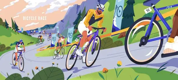 Vector illustration of Bicycle race, Tour de France. Cyclists cycling on road bikes. People racers riding at fast speed at sport competition rally. Many bicyclists driving on highway track outdoors. Flat vector illustration