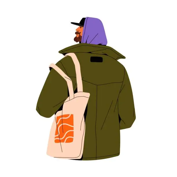 Vector illustration of Man in urban fashionable outfit walks in city, shopping with trendy canvas eco bag, back view. People with shopper. Modern bearded person in hood. Flat isolated vector illustration on white background