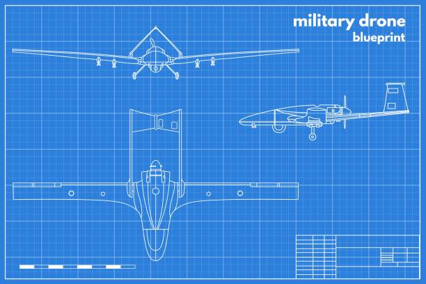 istock Military drone blueprint. Turkish uav for spy intelligence war attack, fly weapon combat army airplane with missile, wireframe industrial 1605040003