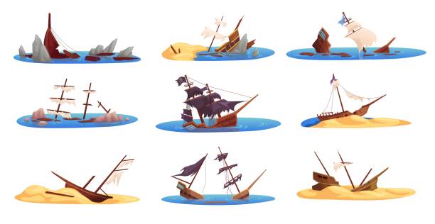 Broken ships. Shipwreck in caribbean sea, wrecks survival ship on island desert beach landscape, sinking brigantine or pirate battleship in underwater ingenious vector illustration Broken ships. Shipwreck in caribbean sea, wrecks survival ship on island desert beach landscape, sinking brigantine or pirate battleship in underwater ingenious vector illustration of shipwreck broken ship wreck shore storm stock illustrations