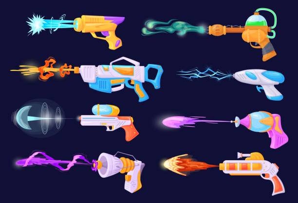 istock Blasters shoot. Plasmic laser guns, beam shotgun futuristic weapons for shooting game hero alien space combat, fire vfx shot blaster pistol, cartoon comic neat vector illustration 1605040010